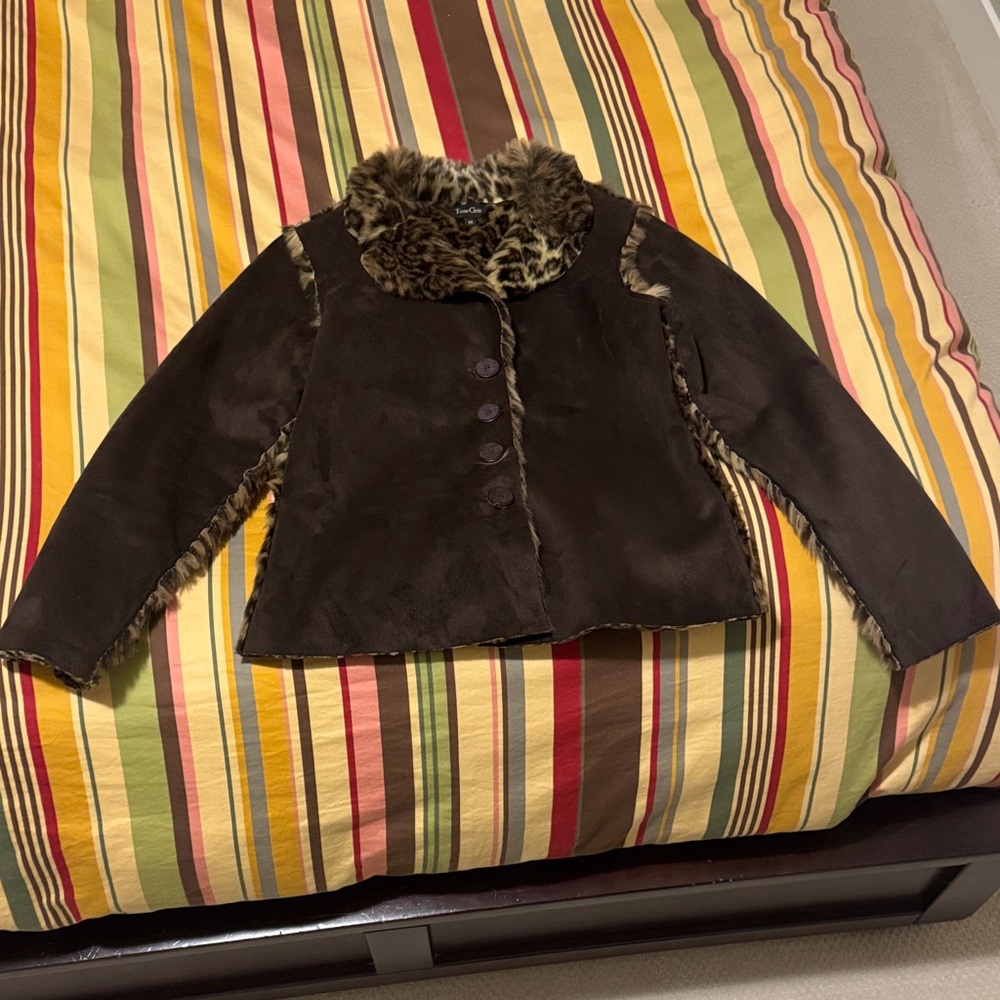 True Grit Brown Suede leopard print Brown Faux Fur Women's Jacket